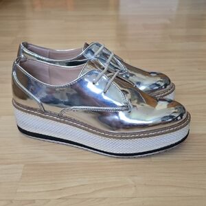 ZARA Women's Silver Shiny Oxford Platform Metallic Shoes Size 37